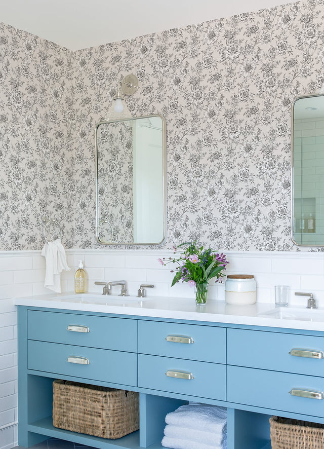 Winifred Taupe Peel & Stick Wallpaper with Vintage Floral Botanical Pattern - York RMK12694PLW