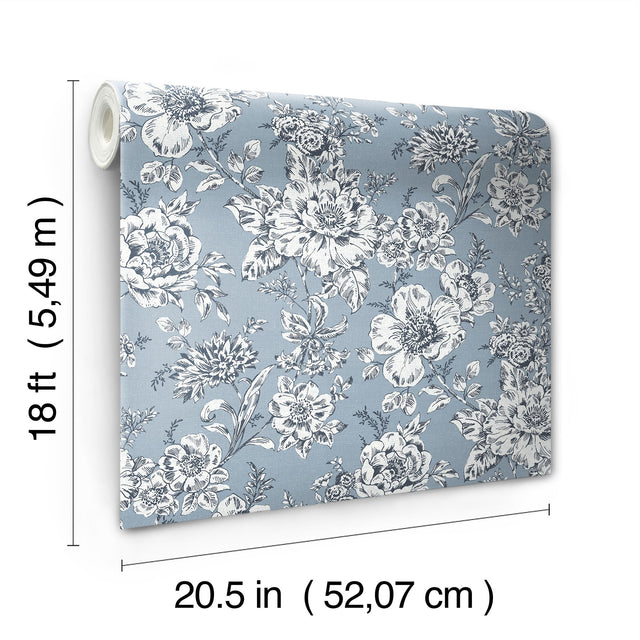 Winifred Blue Peel & Stick Wallpaper with Botanical Floral Country Pattern - York RMK12695PLW