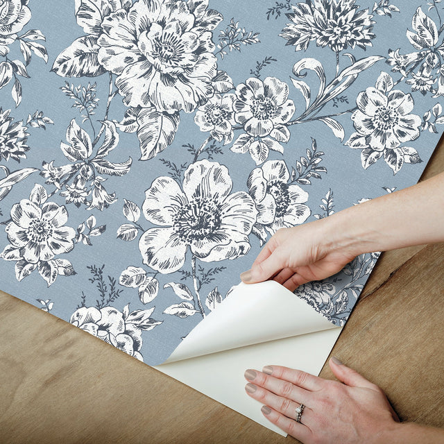 Winifred Blue Peel & Stick Wallpaper with Botanical Floral Country Pattern - York RMK12695PLW