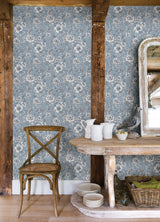 Winifred Blue Peel & Stick Wallpaper with Botanical Floral Country Pattern - York RMK12695PLW