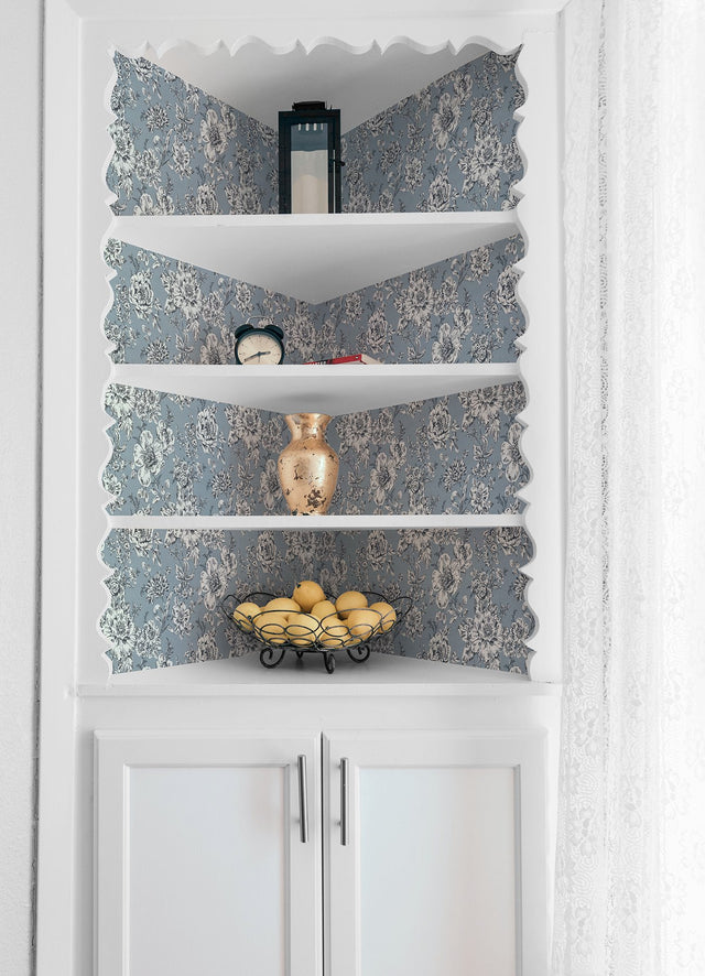 Winifred Blue Peel & Stick Wallpaper with Botanical Floral Country Pattern - York RMK12695PLW