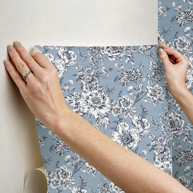 Winifred Blue Peel & Stick Wallpaper with Botanical Floral Country Pattern - York RMK12695PLW