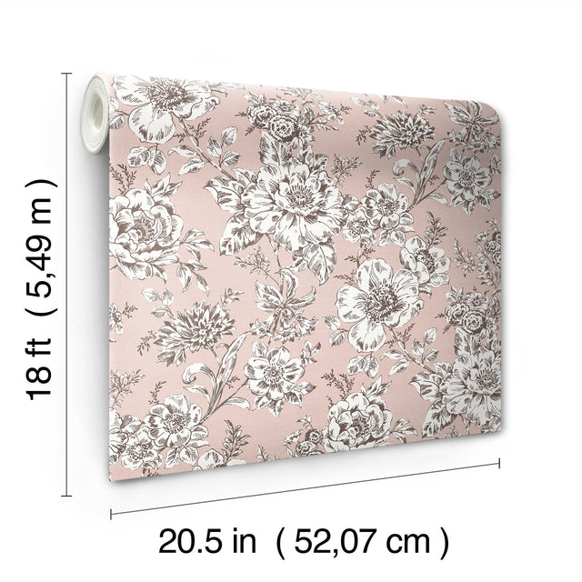 Winifred Pink Peel & Stick Wallpaper with Vintage Floral Botanical Pattern, Country Style - York RMK12696PLW
