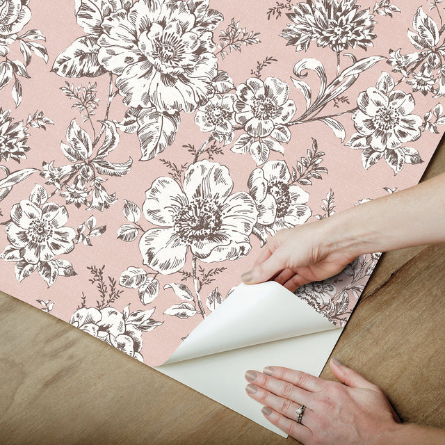 Winifred Pink Peel & Stick Wallpaper with Vintage Floral Botanical Pattern, Country Style - York RMK12696PLW