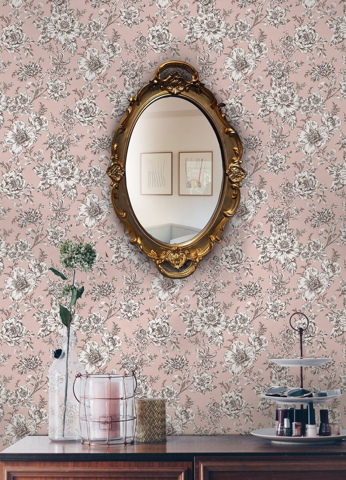 Winifred Pink Peel & Stick Wallpaper with Vintage Floral Botanical Pattern, Country Style - York RMK12696PLW