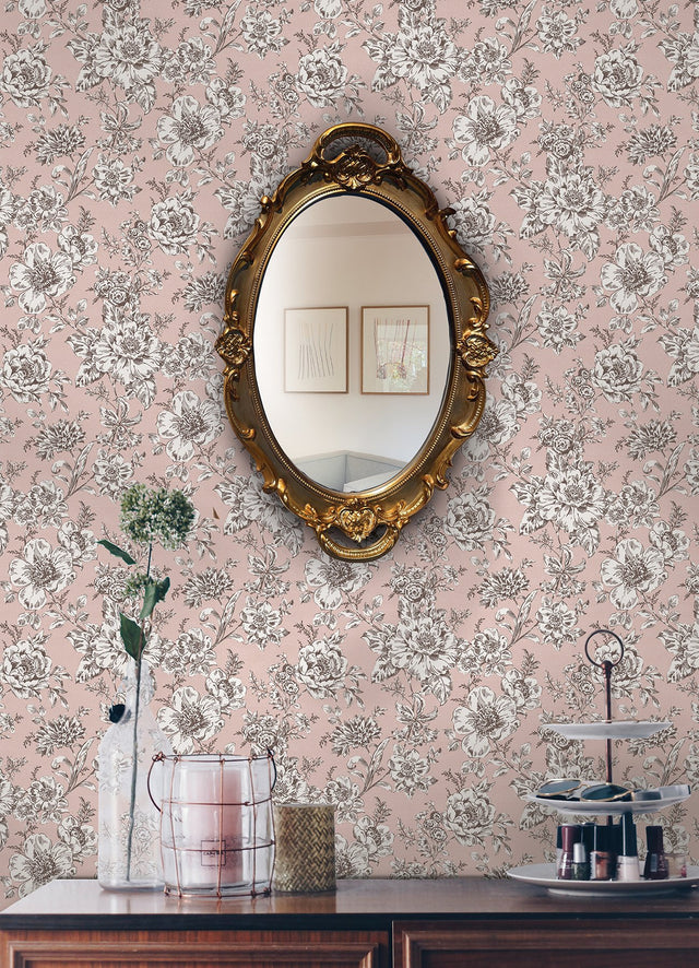 Winifred Pink Peel & Stick Wallpaper with Vintage Floral Botanical Pattern, Country Style - York RMK12696PLW