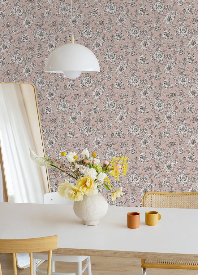 Winifred Pink Peel & Stick Wallpaper with Vintage Floral Botanical Pattern, Country Style - York RMK12696PLW
