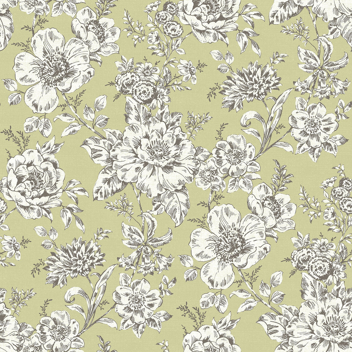 Winifred Green Peel & Stick Wallpaper with Vintage Floral Botanical Motif - York RMK12697PLW