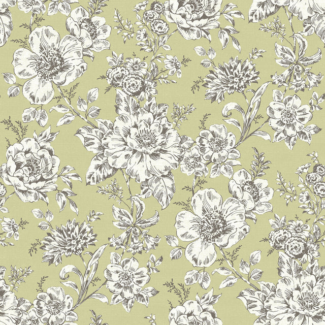 Winifred Green Peel & Stick Wallpaper with Vintage Floral Botanical Motif - York RMK12697PLW