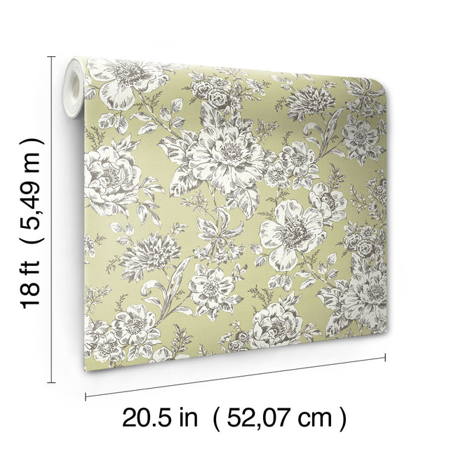 Winifred Green Peel & Stick Wallpaper with Vintage Floral Botanical Motif - York RMK12697PLW