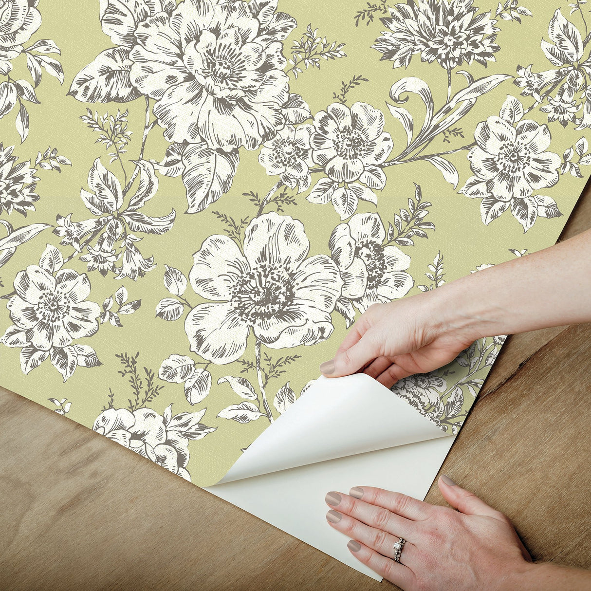 Winifred Green Peel & Stick Wallpaper with Vintage Floral Botanical Motif - York RMK12697PLW
