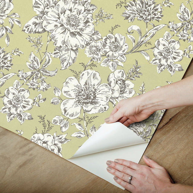 Winifred Green Peel & Stick Wallpaper with Vintage Floral Botanical Motif - York RMK12697PLW