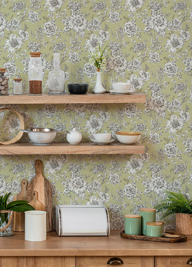 Winifred Green Peel & Stick Wallpaper with Vintage Floral Botanical Motif - York RMK12697PLW