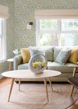 Winifred Green Peel & Stick Wallpaper with Vintage Floral Botanical Motif - York RMK12697PLW
