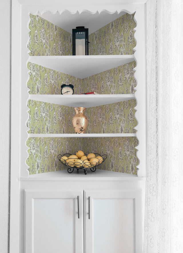 Winifred Green Peel & Stick Wallpaper with Vintage Floral Botanical Motif - York RMK12697PLW