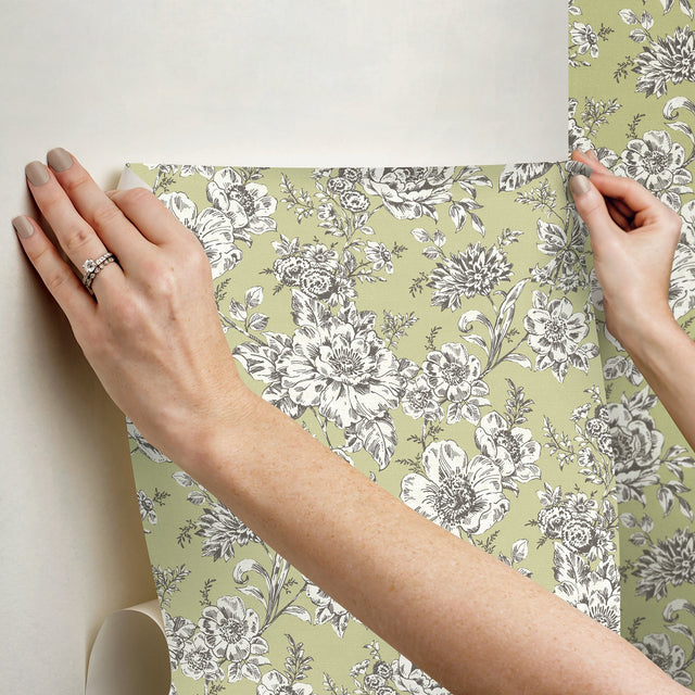 Winifred Green Peel & Stick Wallpaper with Vintage Floral Botanical Motif - York RMK12697PLW