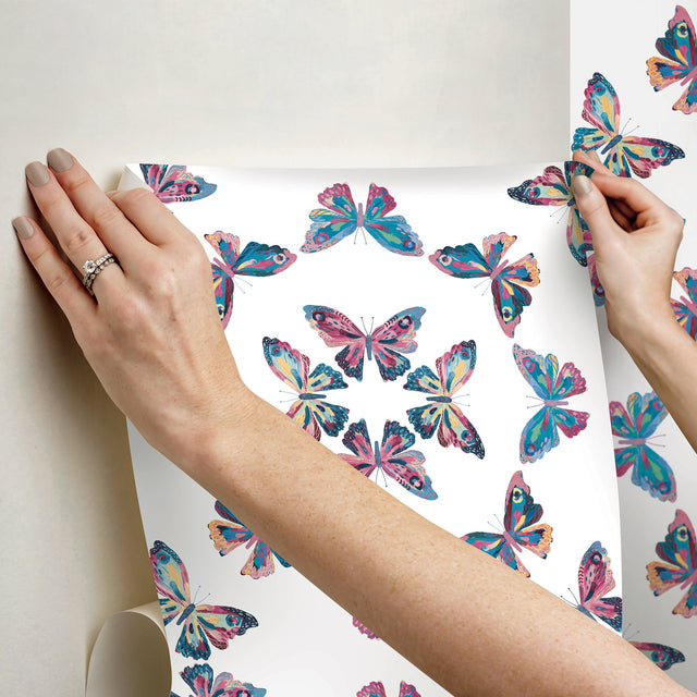 Papillon Blue Peel & Stick Wallpaper with Bohemian Butterfly Graphics - York RMK12700PLW