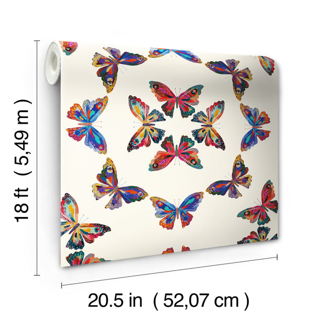 Papillon Cream Multi Peel & Stick Wallpaper with Bohemian Butterfly Graphics - York RMK12701PLW