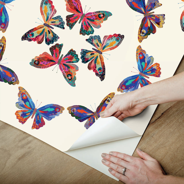Papillon Cream Multi Peel & Stick Wallpaper with Bohemian Butterfly Graphics - York RMK12701PLW
