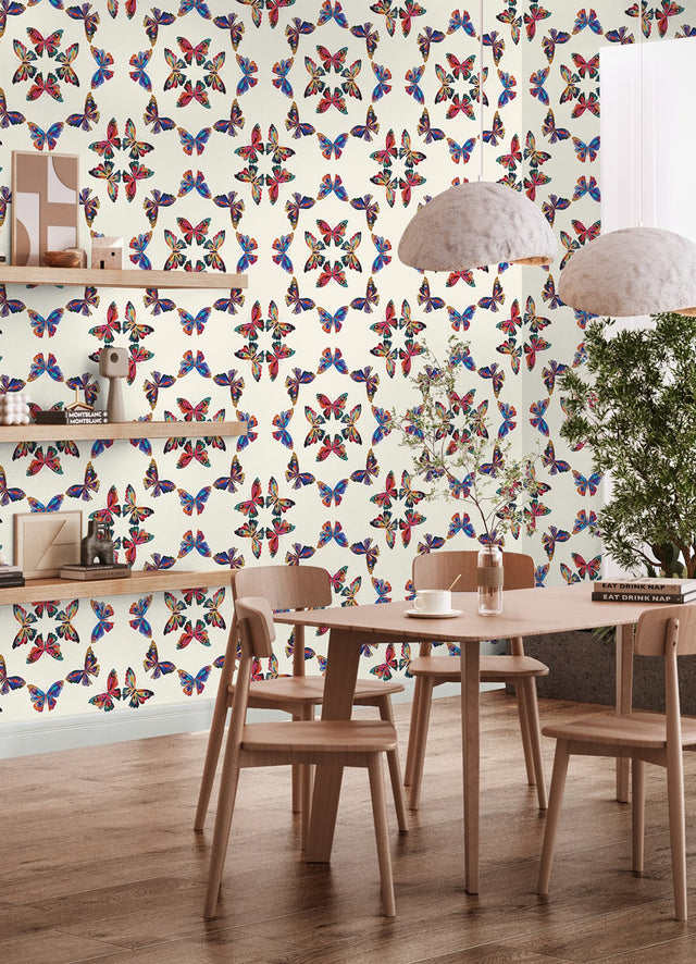 Papillon Cream Multi Peel & Stick Wallpaper with Bohemian Butterfly Graphics - York RMK12701PLW