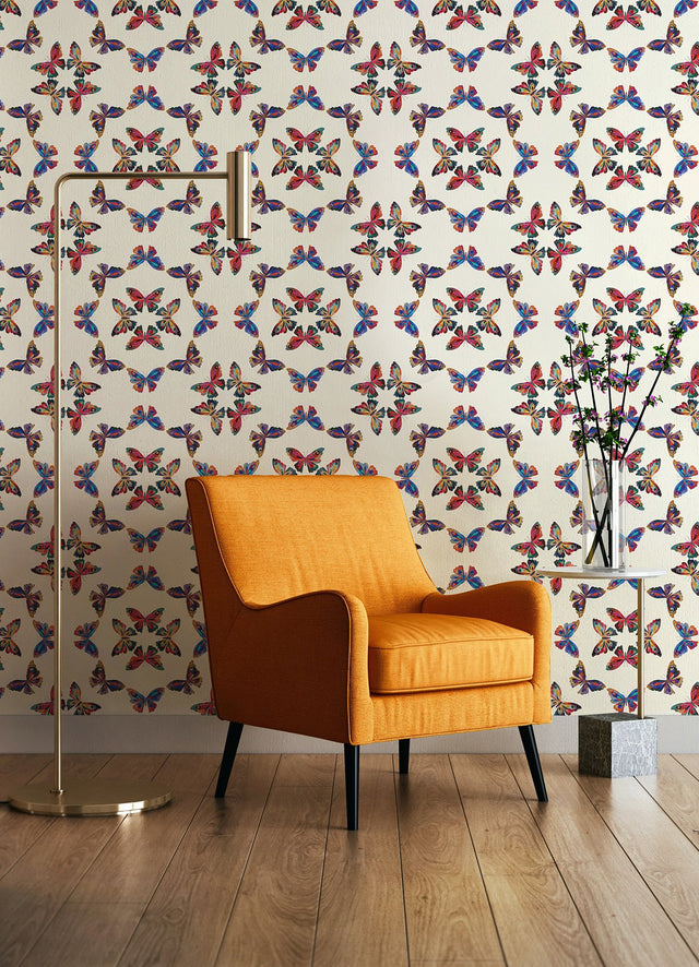 Papillon Cream Multi Peel & Stick Wallpaper with Bohemian Butterfly Graphics - York RMK12701PLW