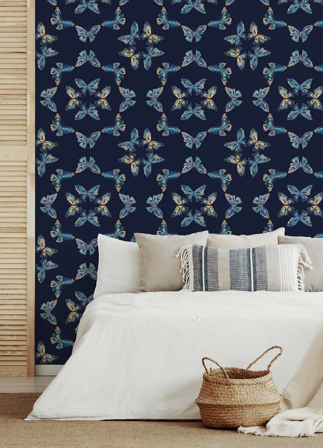 Papillon Blue Butterflies Bohemian Peel & Stick Wallpaper - York RMK12702PLW