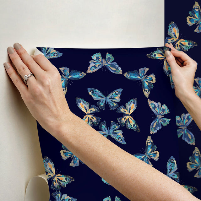 Papillon Blue Butterflies Bohemian Peel & Stick Wallpaper - York RMK12702PLW
