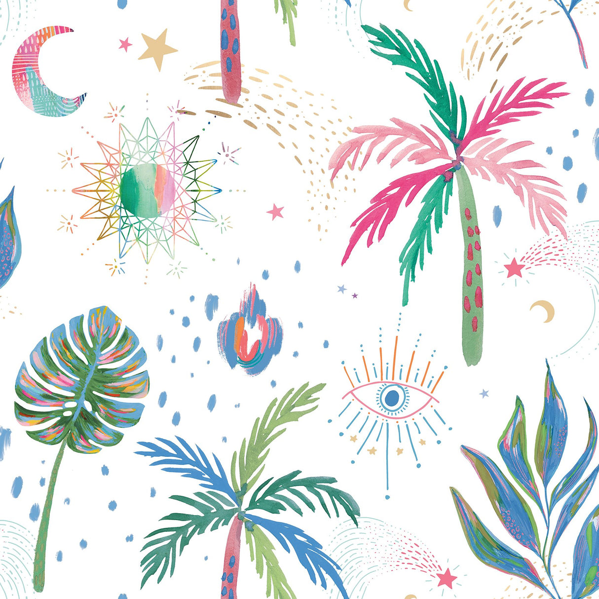 Nuit Tropicale White Multi Peel & Stick Wallpaper with Bohemian Tropical Graphics - York RMK12703PLW