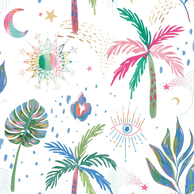 Nuit Tropicale White Multi Peel & Stick Wallpaper with Bohemian Tropical Graphics - York RMK12703PLW
