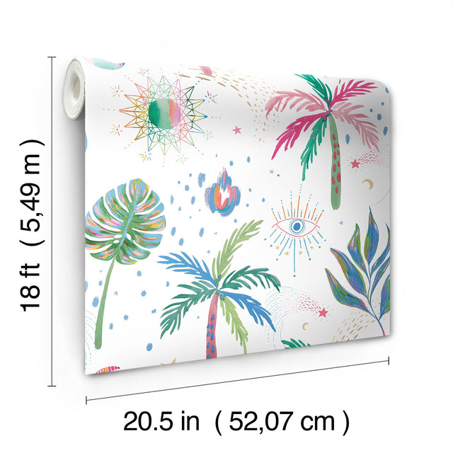 Nuit Tropicale White Multi Peel & Stick Wallpaper with Bohemian Tropical Graphics - York RMK12703PLW