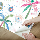 Nuit Tropicale White Multi Peel & Stick Wallpaper with Bohemian Tropical Graphics - York RMK12703PLW