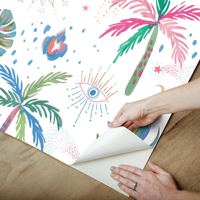 Nuit Tropicale White Multi Peel & Stick Wallpaper with Bohemian Tropical Graphics - York RMK12703PLW