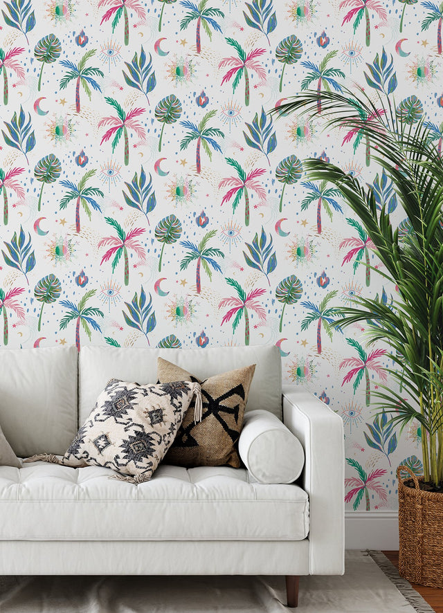 Nuit Tropicale White Multi Peel & Stick Wallpaper with Bohemian Tropical Graphics - York RMK12703PLW