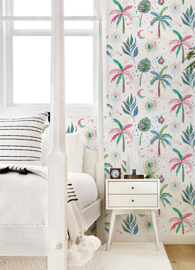 Nuit Tropicale White Multi Peel & Stick Wallpaper with Bohemian Tropical Graphics - York RMK12703PLW