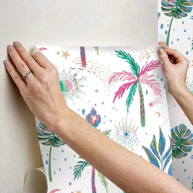 Nuit Tropicale White Multi Peel & Stick Wallpaper with Bohemian Tropical Graphics - York RMK12703PLW