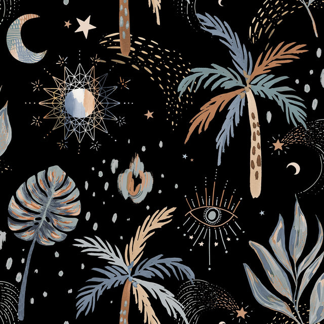 Nuit Tropicale Black Peel & Stick Wallpaper with Bohemian Tropical Graphics Pattern - York RMK12704PLW