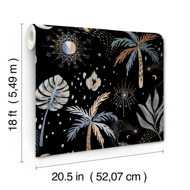 Nuit Tropicale Black Peel & Stick Wallpaper with Bohemian Tropical Graphics Pattern - York RMK12704PLW