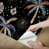 Nuit Tropicale Black Peel & Stick Wallpaper with Bohemian Tropical Graphics Pattern - York RMK12704PLW