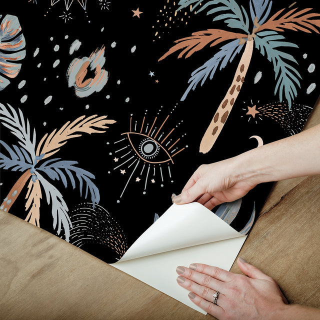 Nuit Tropicale Black Peel & Stick Wallpaper with Bohemian Tropical Graphics Pattern - York RMK12704PLW