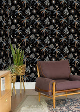 Nuit Tropicale Black Peel & Stick Wallpaper with Bohemian Tropical Graphics Pattern - York RMK12704PLW