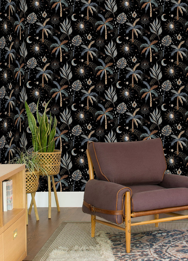 Nuit Tropicale Black Peel & Stick Wallpaper with Bohemian Tropical Graphics Pattern - York RMK12704PLW