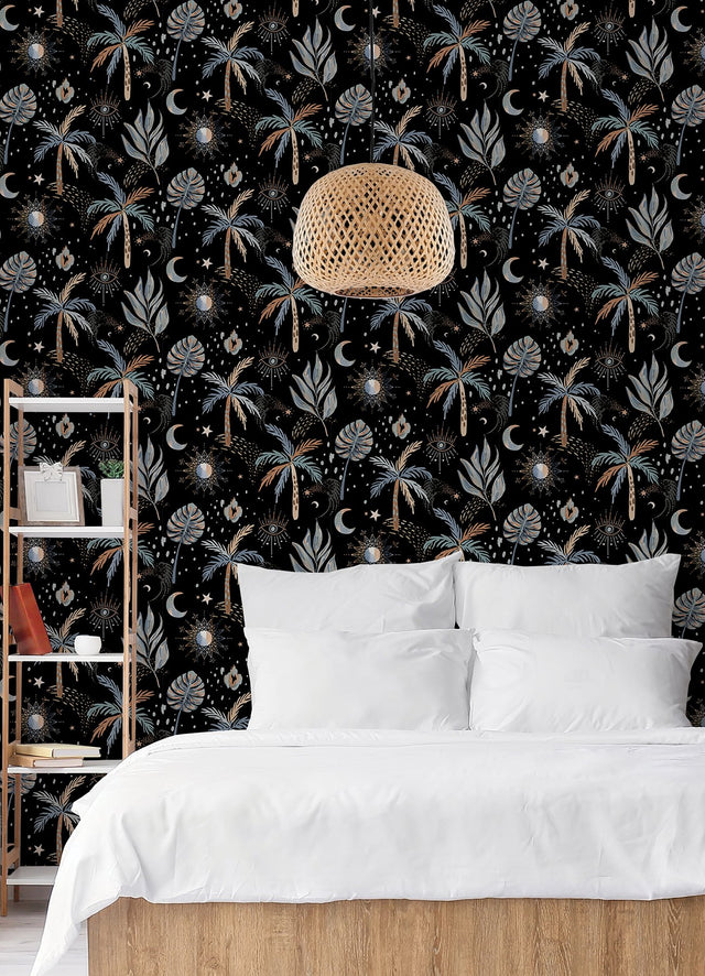 Nuit Tropicale Black Peel & Stick Wallpaper with Bohemian Tropical Graphics Pattern - York RMK12704PLW