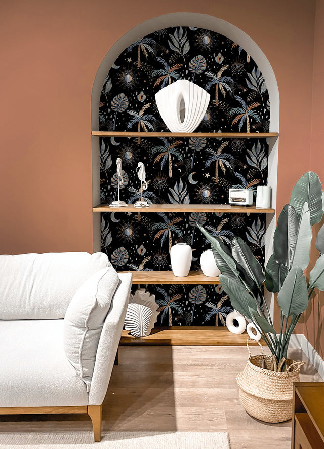 Nuit Tropicale Black Peel & Stick Wallpaper with Bohemian Tropical Graphics Pattern - York RMK12704PLW
