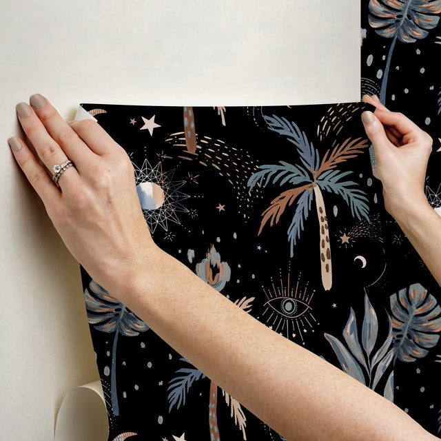 Nuit Tropicale Black Peel & Stick Wallpaper with Bohemian Tropical Graphics Pattern - York RMK12704PLW
