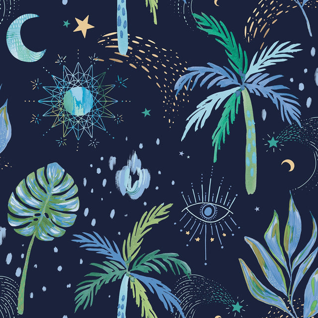 Nuit Tropicale Blue Peel & Stick Wallpaper with Bohemian Tropical Graphics - York RMK12705PLW