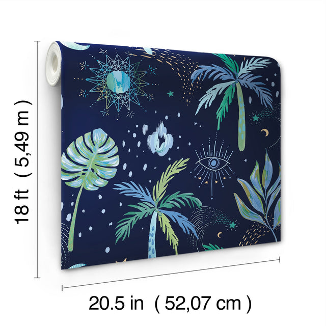 Nuit Tropicale Blue Peel & Stick Wallpaper with Bohemian Tropical Graphics - York RMK12705PLW