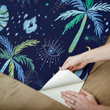 Nuit Tropicale Blue Peel & Stick Wallpaper with Bohemian Tropical Graphics - York RMK12705PLW