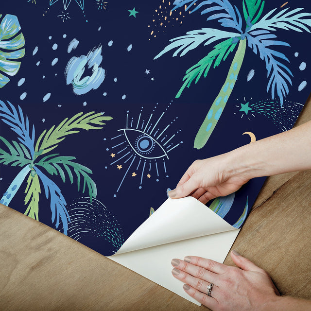 Nuit Tropicale Blue Peel & Stick Wallpaper with Bohemian Tropical Graphics - York RMK12705PLW