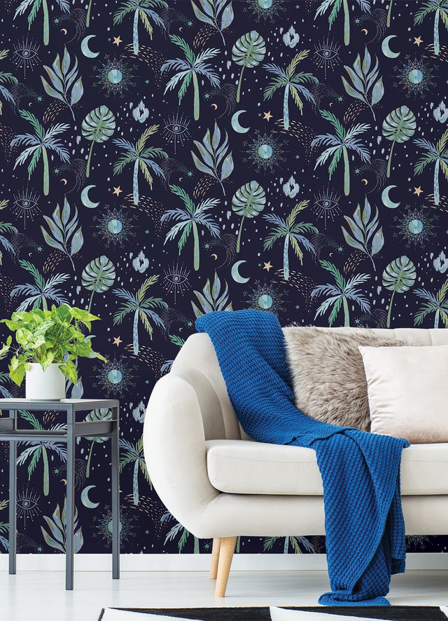 Nuit Tropicale Blue Peel & Stick Wallpaper with Bohemian Tropical Graphics - York RMK12705PLW