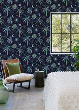 Nuit Tropicale Blue Peel & Stick Wallpaper with Bohemian Tropical Graphics - York RMK12705PLW